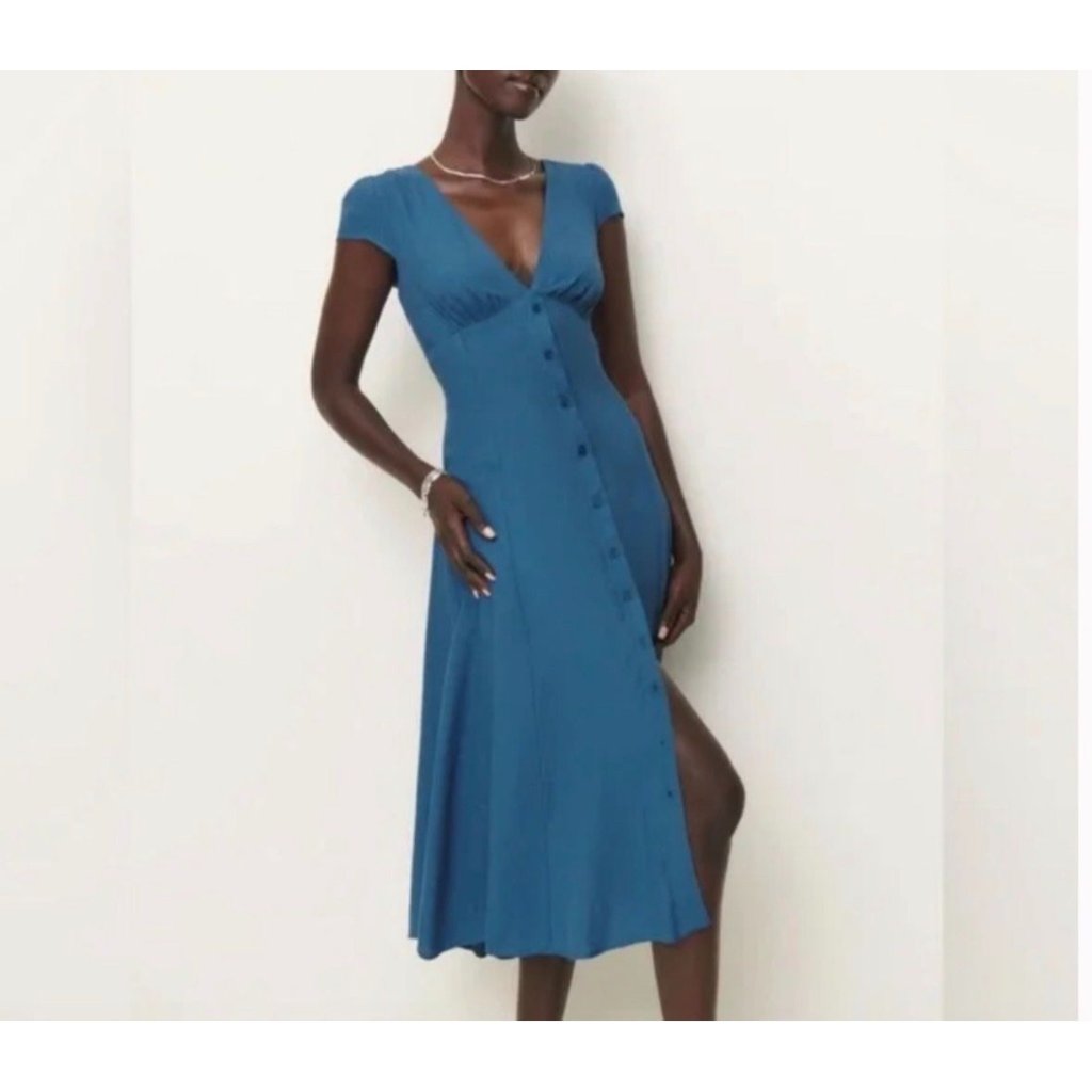 New Reformation Wilda Dress Blue Button Front Midi Length Size 0 Short Sleeve